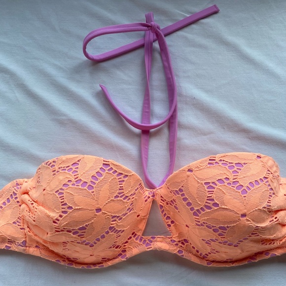 Victoria’s Secret Swim Purple & Orange Lace Bandeau Halter Bikini Top Size 34DD